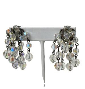 Aurora Borealis Dangle Earrings Vintage Clip On Faceted AB Beads Cluster Cascade